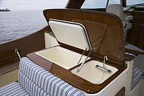 Storage and sink on board a Hinckley Picnic motoryacht.