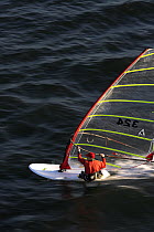 Aerial view of a windsurfer travelling at speed.