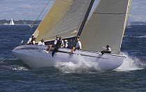 Crew sits on the rail of New Zealand's "KZ7" during the 12 Metre World's Competition 2005, Newport, Rhode Island, USA.