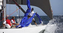 The crew of "US61" prepare to hoist the spinnaker during the 12 Metre World's Competition 2005, Newport, Rhode Island, USA.