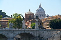 The Vittorio Emanuele Bridge spanning the river Tiber (Tevere) with the dome of Saint Peter's church towering in the background, Rome, Italy. ^^^Saint Peter's Basilica is perhaps the largest church in...