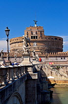 Castel Sant'Angelo and the Ponte Sant' Angelo (Angel's Bridge), Rome, Italy. ^^^The castle is also known as the Mausoleum of Hadrian as it was commissioned by the Roman Emperor Hadrian as a mausoleum...