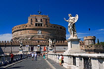 Castel Sant'Angelo from the Ponte Sant' Angelo (Angel's Bridge), Rome, Italy. ^^^The castle is also known as the Mausoleum of Hadrian as it was commissioned by the Roman Emperor Hadrian as a mausoleum...