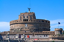 View of the Castel Sant'Angelo and the Ponte Sant' Angelo (Angel's bridge), Rome, Italy. ^^^The castle is also known as the Mausoleum of Hadrian as it was commissioned by the Roman Emperor Hadrian as...