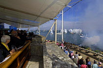 Race Officers on the Royal Yacht Squadron Platform and the Laser SB3 start during Skandia Cowes Week, Solent, UK, day 7 August 4, 2006.
