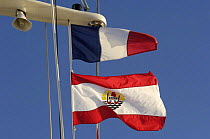 Rig of a yacht with courtesy and customs flags flying.