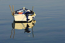 Wooden tender moored on the still waters of Locmariaquer harbours, Morbihan, Brittany, France.
