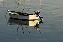 Wooden tender moored on the still waters of Locmariaquer harbours, Morbihan, Brittany, France.