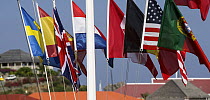 National flags flying during St Barts Bucket Regatta, St Barthelemy, Caribbean.