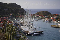 Superyachts docked in Gustavia Harbour, St Barthelemy, Caribbean.