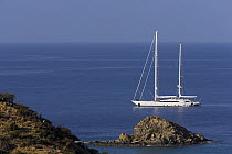 A superyacht ketch just outside of Gustavia Harbour, St Barthélemy, Caribbean.