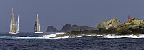 Superyachts racing offshore during the St Barths Bucket Regatta, St Barthelemy, Caribbean.