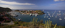 Looking down at the harbour and marina in the town of Gustavia, Saint Barthélemy, Caribbean.