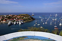 A picture map labeling the scene of Gustavia harbour and marina below, St Barthélemy, Caribbean.