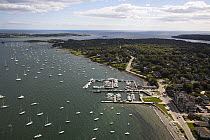Aerial of Conanicut Marina and Jamestown Harbour filled with boats during the summer, Rhode Island, USA.