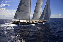 140ft luxury schooner "Skylge", designed by André Hoek and built by Holland Jachtbouw, sailing in the French Riviera, France. Property released.