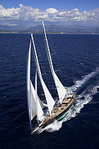 Aerial of 140ft luxury schooner ^Skylge^, designed by André Hoek and built by Holland Jachtbouw, sailing in the French Riviera, France. Property released.
