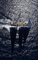 Aerial of 140ft luxury schooner "Skylge", designed by André Hoek and built by Holland Jachtbouw, sailing in the French Riviera, France. Property released.