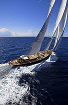 140ft luxury schooner "Skylge", designed by André Hoek and built by Holland Jachtbouw, sailing under spinnaker in the French Riviera, France. Property released.