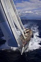Bow on shot of 140ft luxury schooner "Skylge", designed by André Hoek and built by Holland Jachtbouw, crashing through the waves in the French Riviera, France. Property released.
