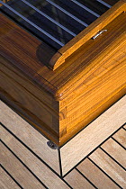 Onboard detail of 140ft luxury schooner "Skylge", designed by André Hoek and built by Holland Jachtbouw, sailing in the French Riviera, France. Property released.