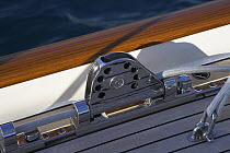 Onboard detail of a shiny block on 140ft luxury schooner "Skylge", designed by André Hoek and built by Holland Jachtbouw, sailing in the French Riviera, France. Property released.