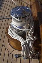 Detail of a winch and lines onboard 140ft luxury schooner "Skylge", designed by André Hoek and built by Holland Jachtbouw, sailing in the French Riviera, France. Property released.