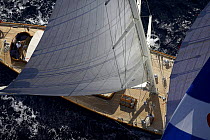 Aerial of 140ft luxury schooner "Skylge", designed by André Hoek and built by Holland Jachtbouw, sailing under spinnaker in the French Riviera, France. Property released.