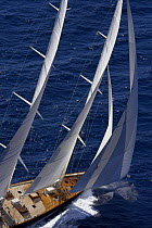 140ft luxury schooner "Skylge", designed by André Hoek and built by Holland Jachtbouw, sailing under full sail in the French Riviera, France. Property released.