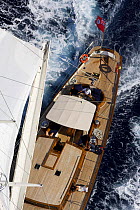 Aerial of 140ft luxury schooner "Skylge", designed by André Hoek and built by Holland Jachtbouw, sailing in the French Riviera, France. Property released.
