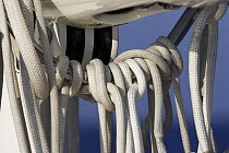 Onboard detail of coiled and stowed lines onboard 140ft luxury schooner "Skylge", designed by André Hoek and built by Holland Jachtbouw, sailing in the French Riviera, France. Property released.