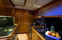 Interior galley on 140ft luxury schooner "Skylge", designed by André Hoek and built by Holland Jachtbouw, sailing in the French Riviera, France. Property released.