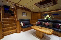 The main saloon onboard 140ft luxury schooner "Skylge", designed by André Hoek and built by Holland Jachtbouw, sailing in the French Riviera, France. Property released.