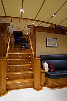 The staircase from the main saloon to the dining area onboard 140ft luxury schooner "Skylge", designed by André Hoek and built by Holland Jachtbouw, sailing in the French Riviera, France. Property re...
