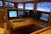 The navigation station onboard 140ft luxury schooner "Skylge", designed by André Hoek and built by Holland Jachtbouw, sailing in the French Riviera, France. Property released.