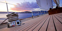 Detail of the teak decking onboard 140ft luxury schooner "Skylge", designed by André Hoek and built by Holland Jachtbouw, sailing in the French Riviera, France. Property released.