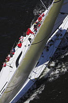 Aerial of the crew on the rail, upwind during the Onion Patch Series 2006 in Newport, Rhode Island, USA