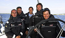 The crew of the Open 60 "Artemis Ocean Racing", from second left, Ian McCabe, Miranda Merron, Jonny Malbon, Brian Thompson. Thompson has now been replaced by Malbon.