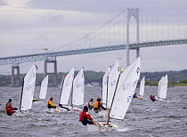 Dinghy fleet sailing beside Newport Bridge during the Optimist regatta, Newport, Rhode Island, USA.