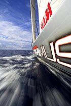 Topside of a race boat with boatname and logo visible, during the 2006 Newport to Bermuda race. Property Released.