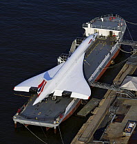 Aerial view of Concorde aboard a ship, New York harbour, USA.