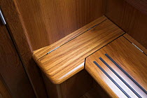 Seat detail in the interior of a classic cruising yacht. Rhode Island, USA.