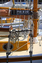 Wooden yacht "Phoebe" moored at the Newport Wooden Boat Show, Rhode Island.
