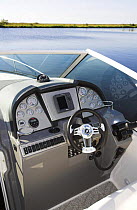 Cockpit detail of a speed boat near Newport, Rhode Island.