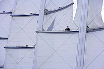Crew member up the mast of the megayacht ^Maltese Falcon^ during the St Barth's Bucket 2007, St Barthelemy, Caribbean. Property Released.