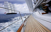 View from the deck of a neighbouring yacht of megayacht "Maltese Falcon" during the St Barth's Bucket 2007, St Barthelemy, Caribbean.