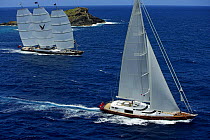 Megayacht "Maltese Falcon" racing behind another yacht in the St Barth's Bucket 2007, St Barthelemy, Caribbean. Editorial use only.