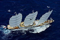 Aerial view of megayacht "Maltese Falcon" during the St Barth's Bucket 2007, St Barthelemy, Caribbean. Property released.