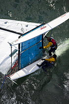 Capsized catamaran during the Hobie 16 Nationals, Narragansett, Rhode Island, USA.