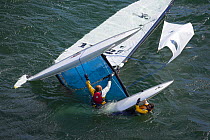 Capsized catamaran during the Hobie 16 Nationals, Narragansett, Rhode Island, USA.